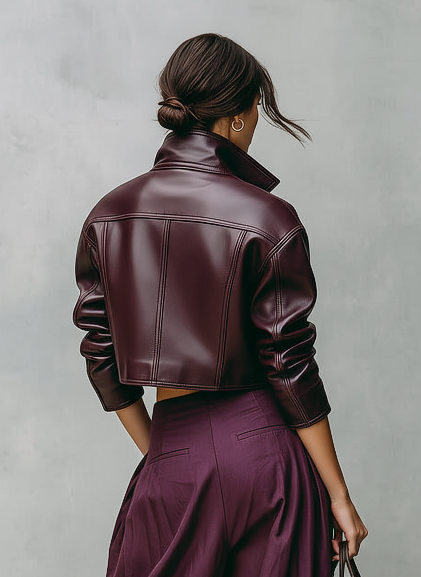 Veste courte en cuir PU pour femmes avec poches poitrine doubles - Modèle MDA1666I2Y