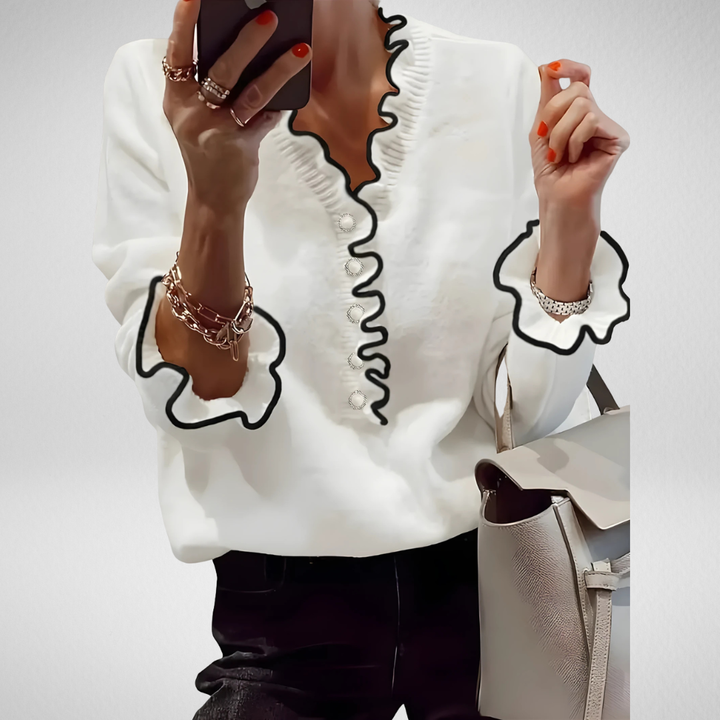 Amandine | Pull Blanc à Volants Contrastés